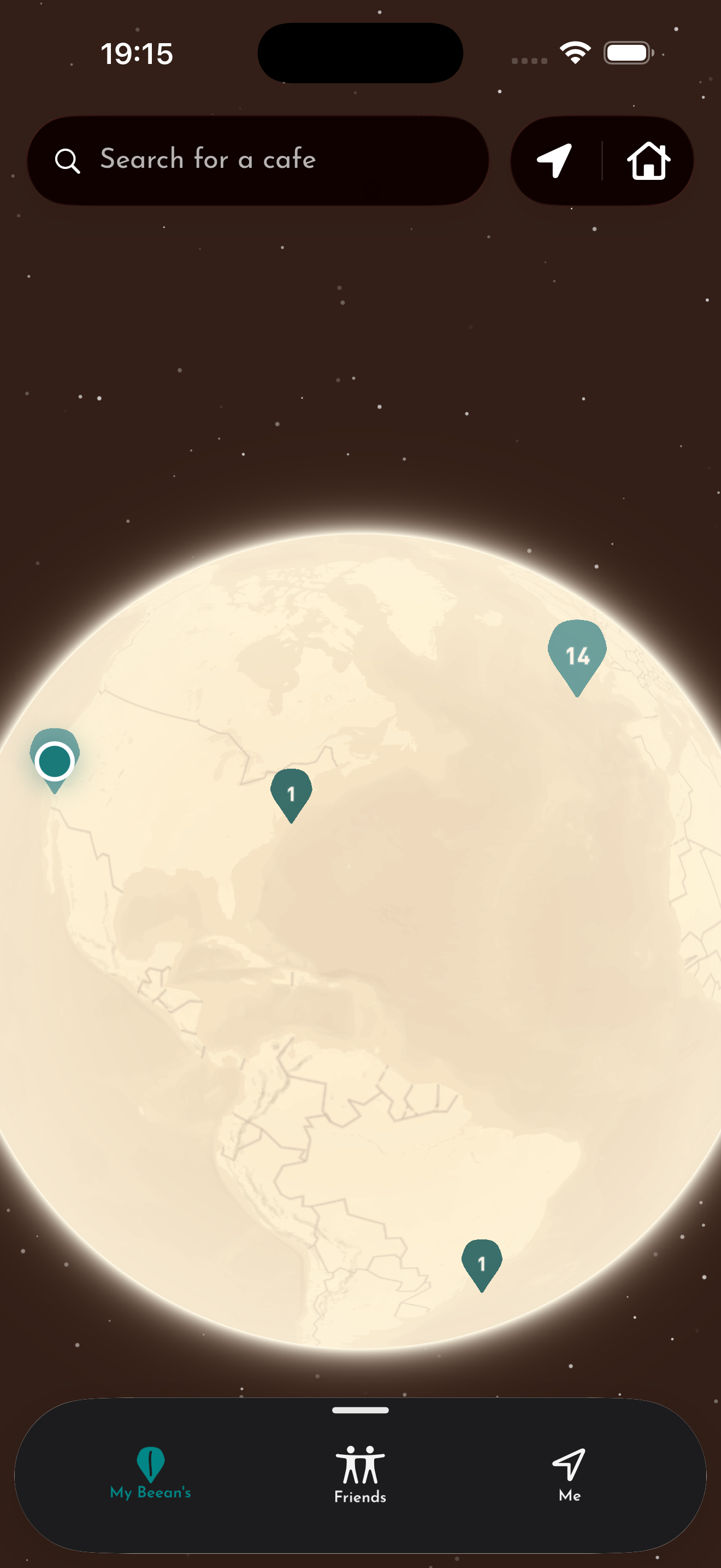A glowing globe with beean pins across continents - a world map of the places you've visited.