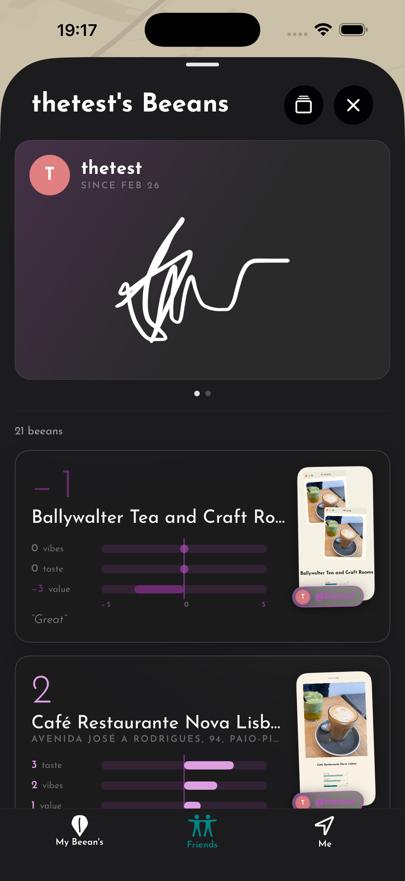 A friend's profile with their signature and their list of beeans for tea shops and cafes.