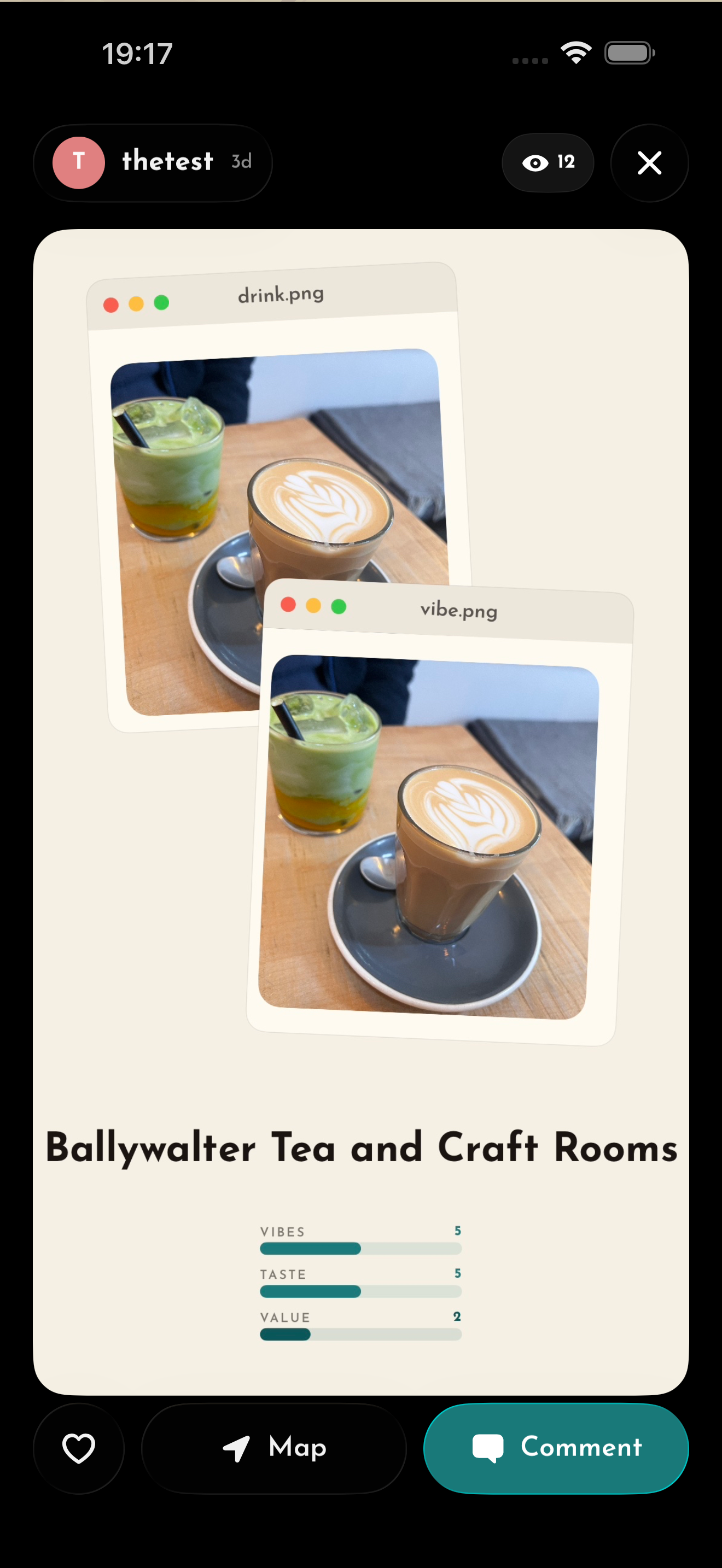 A Ballywalter Tea and Craft Rooms beean styled with two polaroid drink photos, sliders and a heart.