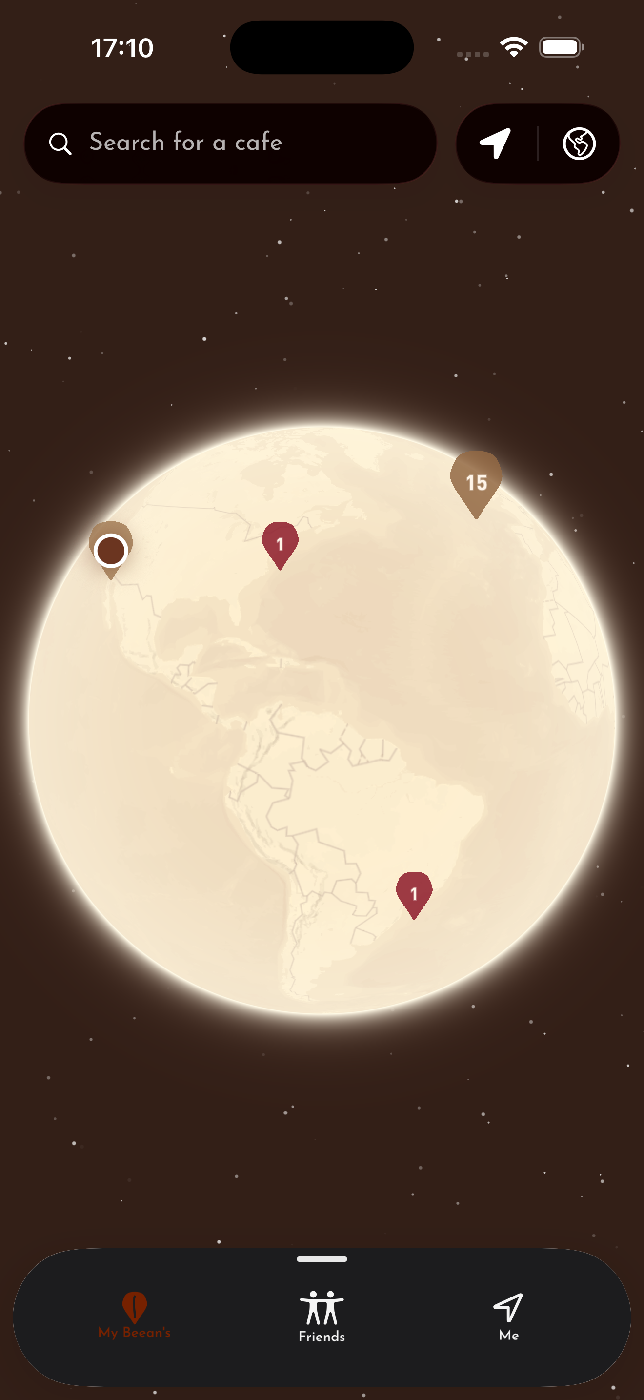 Beean coffee app - a world map with the cafes you've rated pinned.